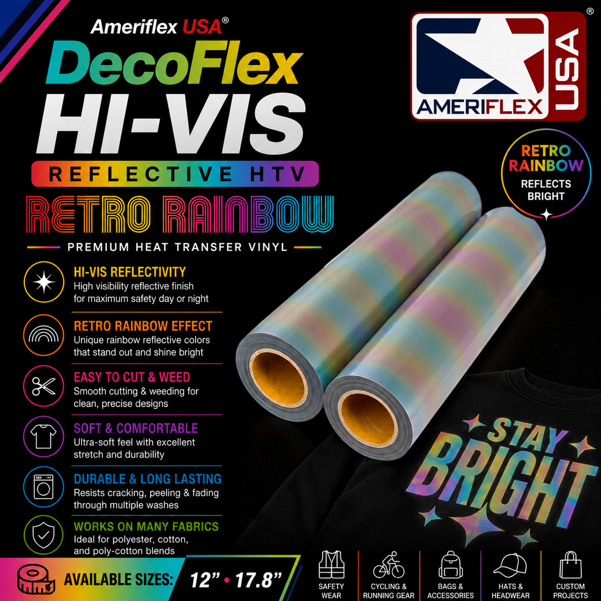 Ameriflex DecoFlex Hi-Vis Reflective Retro Rainbow HTV – 17.8"