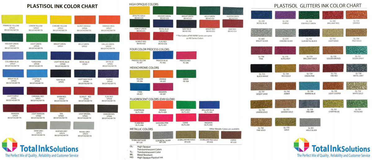 Plastisol ink printed colour chart swatches