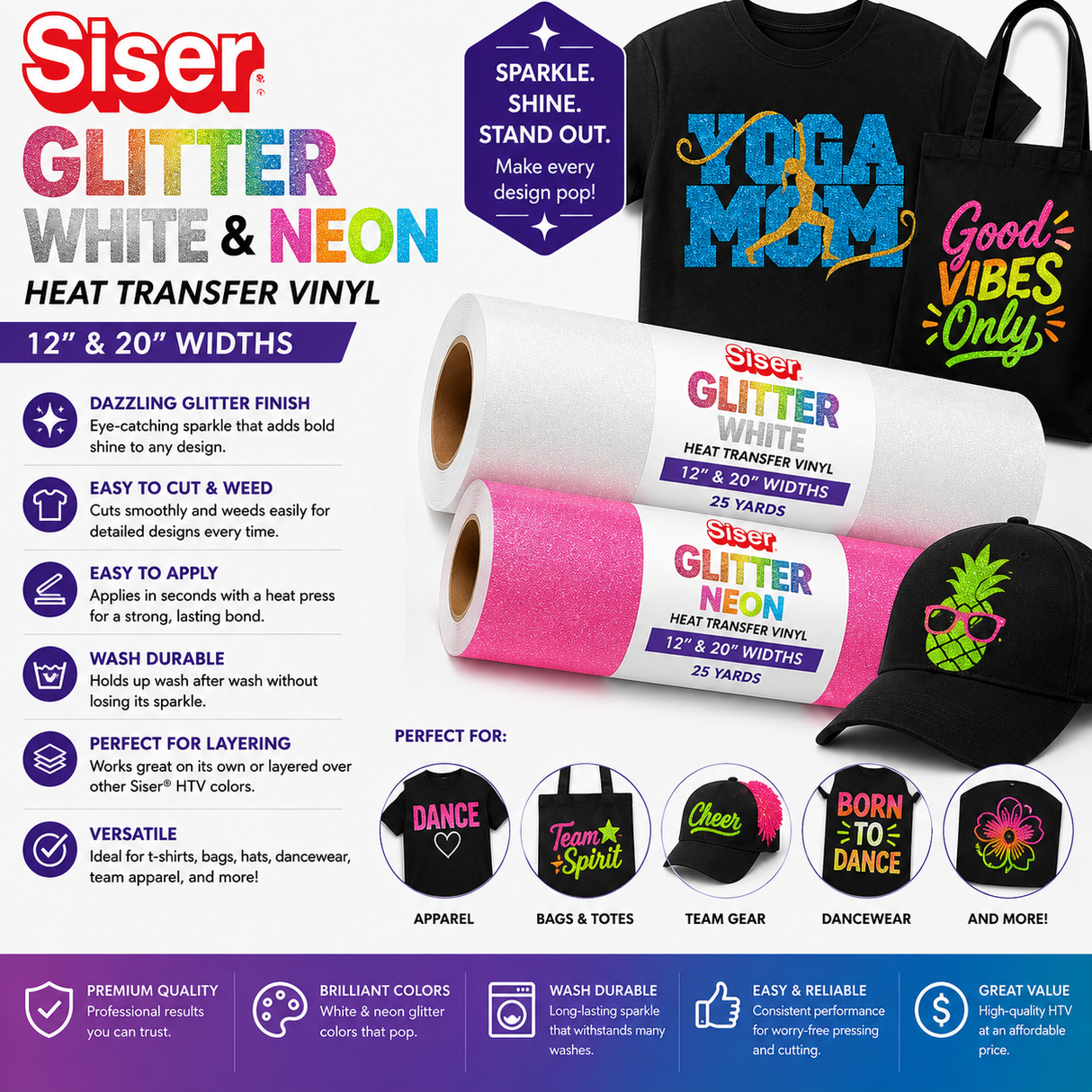 Siser® Glitter White and Neon Heat Transfer Vinyl – 12" & 20"