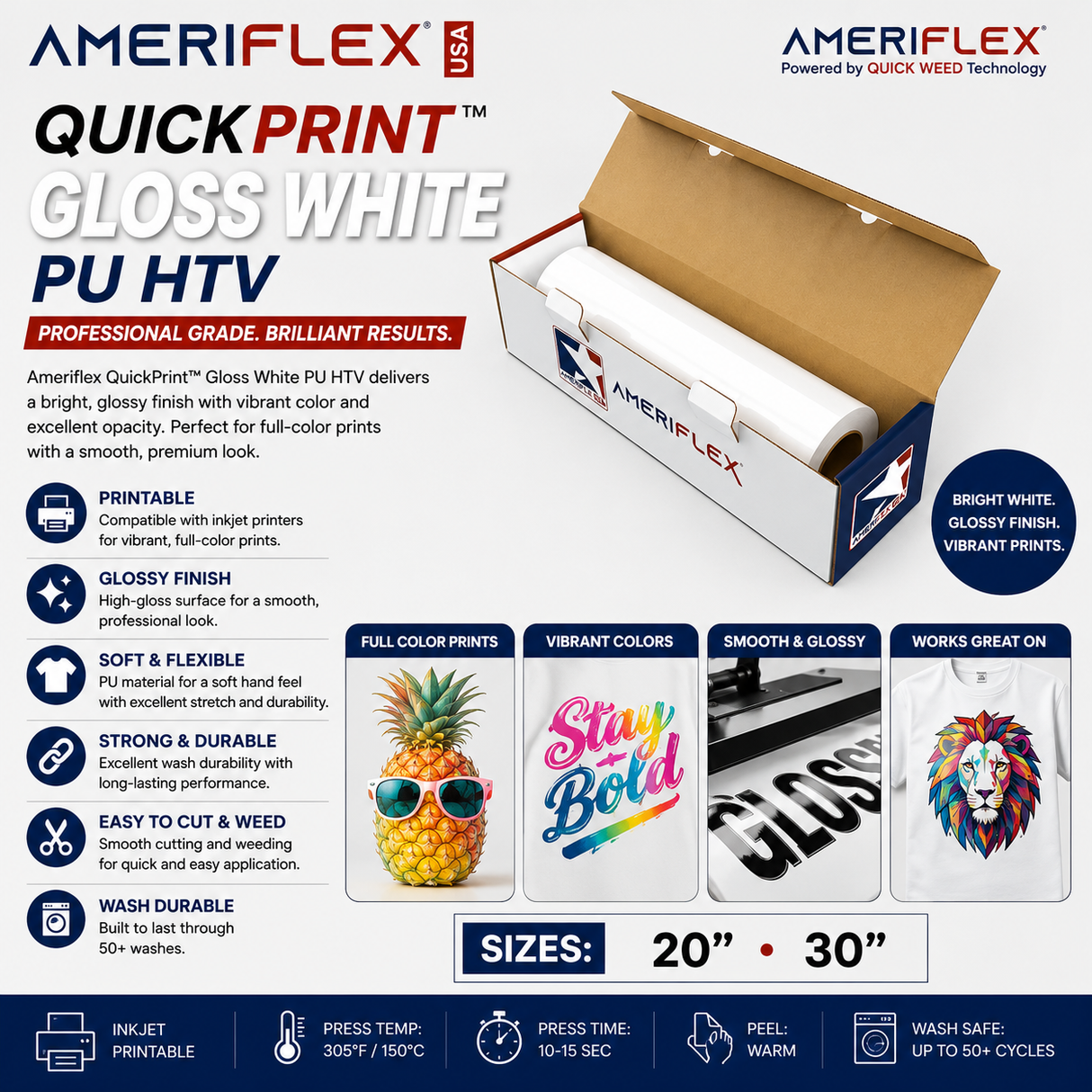 Ameriflex QuickPrint™ Gloss White PU HTV – 20" & 30"