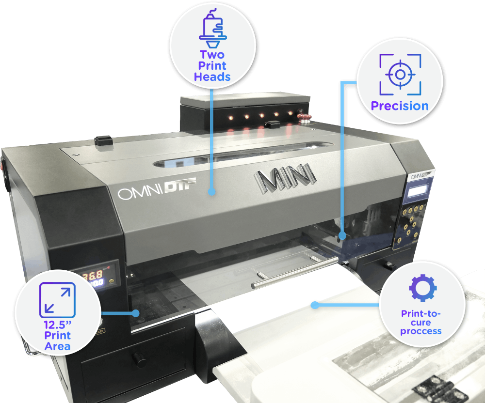 OmniDTF Mini 13 inch printer and shaker specifications