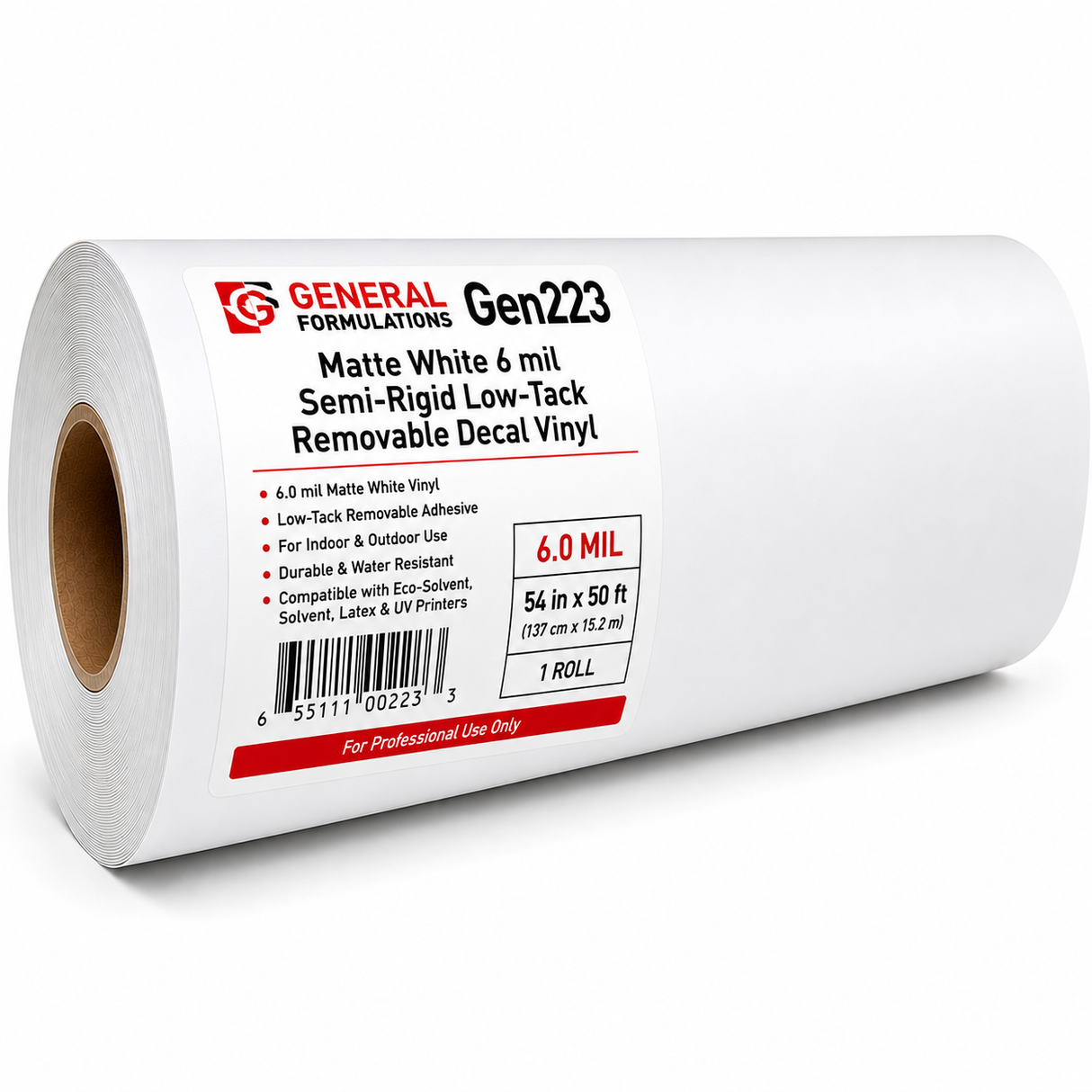 General Formulations Gen223 Matte White 6 mil Semi-Rigid Low-Tack Removable Decal Vinyl