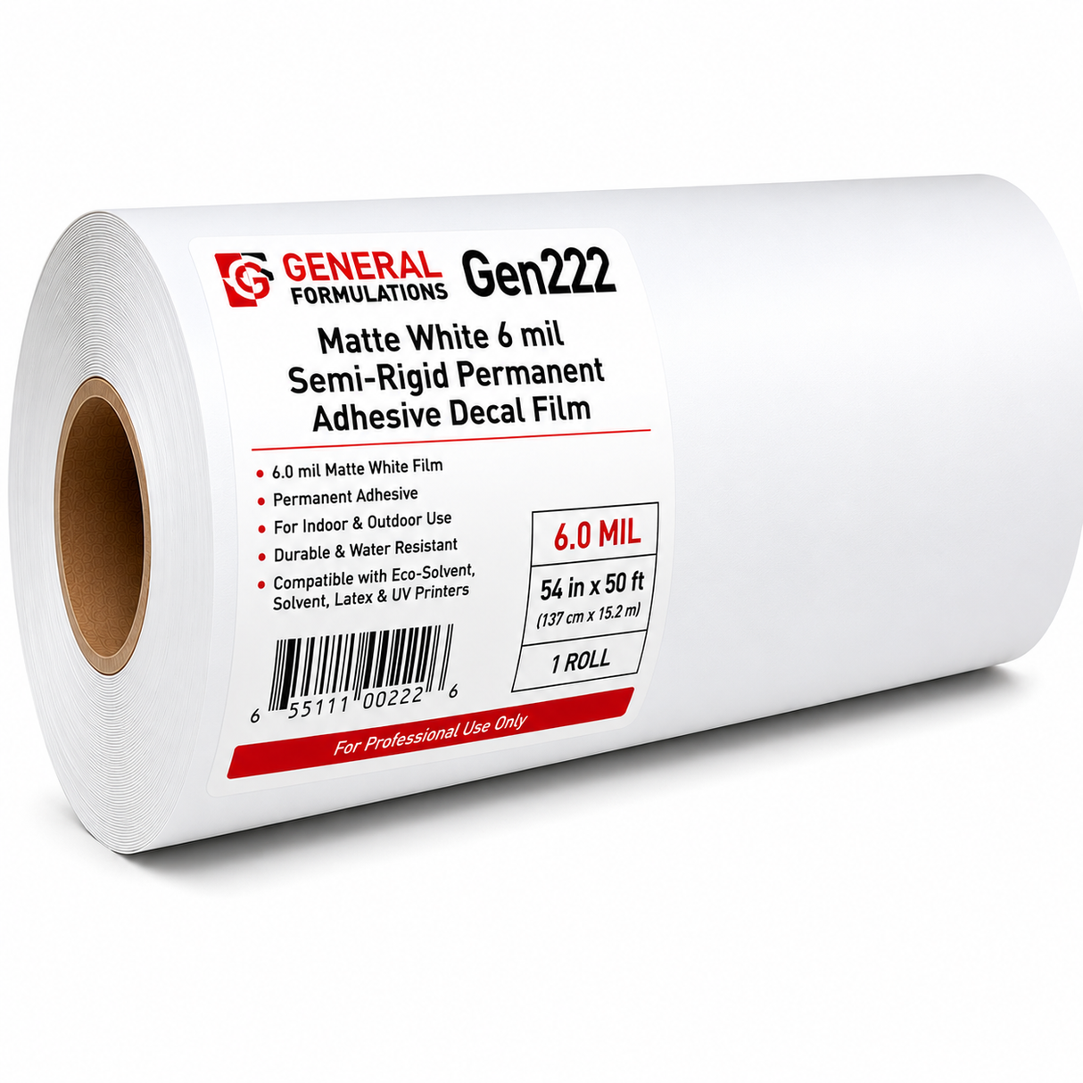 General Formulations Gen222 Matte White 6 mil Semi-Rigid Permanent Adhesive Decal Film