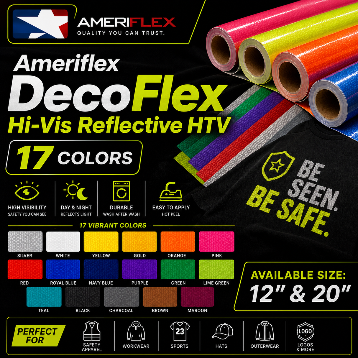 Ameriflex DecoFlex Hi-Vis Reflective HTV (18 Colors) – 12" & 20"
