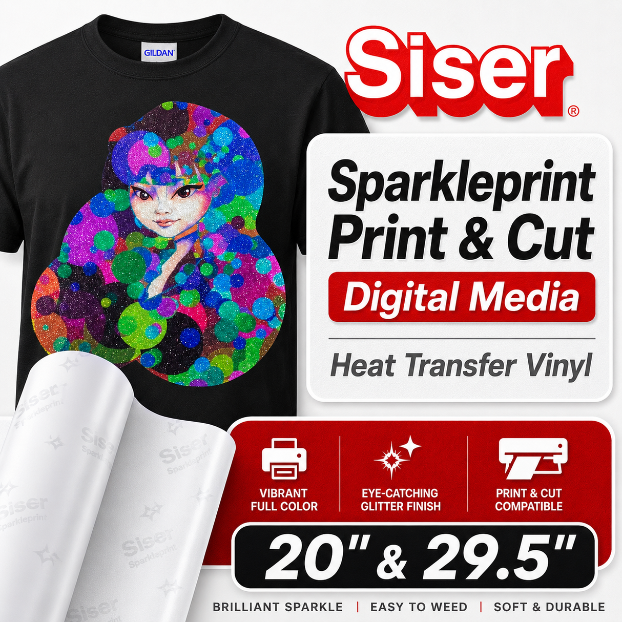 Siser SparklePrint printable glitter heat transfer vinyl - white digital media with silver glitter