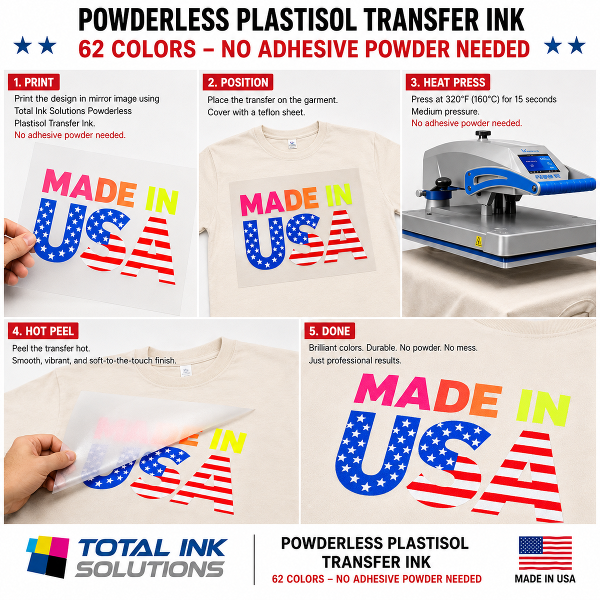 Powderless Plastisol Transfer Ink – 62 Colors – No Adhesive Powder Needed